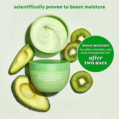 Image 1 - Image shows a light green jar of hair mask surrounded by sliced avocados and kiwis on a pale green background, with text stating scientifically proven to boost moisture and boost moisture for softer, smoother, and more manageable hair after two uses.
Image 2 - Image shows two women with contrasting hairstyles in a before-and-after format; the top features a woman with curly hair styled voluminously and the bottom shows a woman with straight, long hair; visible text includes BEFORE, AFTER, HAIR NOT RETOUCHED, and to achieve this look use: Superfoods™ Collection Avocado + Kiwi Mega Moisture Superfoods Mask.
Image 3 - Image shows kiwi fruit extract, avocado oil, and spinach with descriptions detailing their benefits; visible text includes kiwi fruit extract contains high levels of Vitamin C, avocado oil contains a robust fatty acid composition that nourishes and conditions, and spinach rich in flavonoids and anti-oxidants that are crucial for overall hair health.
Image 4 - Briogeo Superfoods collection featuring colorful juice bottles and a green hair mask surrounded by fresh fruits like bananas, avocados, and mangoes on an orange and peach background with the text Briogeo Superfoods nourishes + hydrates hair with fruits, vegetables and vitamins.
Image 5 - Image depicts a circular logo for hair care labeled as 6-free with text indicating the absence of various ingredients such as silicones, harsh sulfates, parabens, phthalates, DEA, and artificial dyes, along with vegan, cruelty-free, and gluten-free icons.