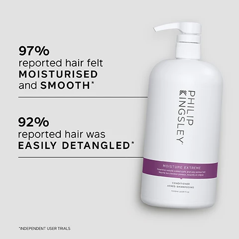 Image 1 - A bottle of Philip Kingsley Moisture Extreme conditioner is displayed with statistics indicating that 97% reported hair felt moisturised and smooth, and 92% reported hair was easily detangled.
Image 2 - Image shows a smooth, white cream texture with the heading Key Benefits followed by four bullet points: Deeply conditions, hydrates without adding weight, nourishes and adds shine, vegan-friendly.
Image 3 - A person with wet, curly hair is holding a hair comb, and next to them is text reading I have been using this product for years and find it is the one conditioner that really DETANGLES and CONDITIONS my curls; CUSTOMER REVIEW.
Image 4 - Image shows a creamy white swirl of hair product with key ingredient descriptions beside it: Almond Oil enhances shine and smoothness, Wheat Germ Oil provides anti-static conditioning rich in Vitamin E and fatty acids, Avocado Oil strengthens and moisturizes, and Babassu Oil leaves hair soft, shiny, and frizz-free.
Image 5 - A side-by-side comparison shows a persons curly hair labeled Before on the left with frizz and After on the right with defined curls.
Image 6 - A hand holding a tube of hair treatment product with water dripping from it, alongside the text that reads Trichologist Tip: After shampooing, gently work into the mid-lengths and ends of the hair, avoiding the roots. Rinse well.