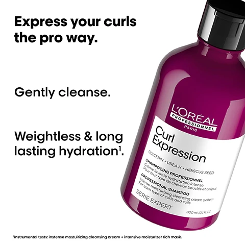 Image 1 - A purple bottle of LOréal Curl Expression shampoo is displayed at an angle, with the text Express your curls the pro way, Gently cleanse, and Weightless & long lasting hydration nearby, along with a note about instrumental tests.
Image 2 - Image shows four side-by-side comparisons labeled Before and After showcasing the results of a hair product on curly hair, with text below reading Express your curls the pro way and an assortment of hair care products displayed at the bottom.
Image 3 - Image of three hair care products from LOreals Curl Expression line, including a shampoo, a treatment, and a detangler, with the heading The curl protection professional routine displayed above them and labeled with numbers 01, 02, and 03 indicating the steps: Cleanse, Treat, and Detangle & Protect.
Image 4 - A round flask filled with vibrant pink liquid swirls, featuring the text Urea H + Hibiscus Seed Super hydrating actives and THE TECH at the top.
Image 5 - Image shows a woman with curly hair applying hair products, divided into three steps with visible text: Step 1 shows Distribute evenly on wet hair, Step 2 shows Lather. Rinse thoroughly, and Step 3 shows Air dry or blow dry.