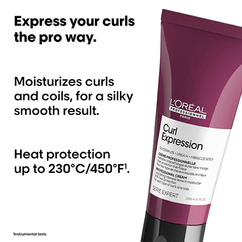 Image 1 - A tube of LOreal Curl Expression hair product with a dark burgundy label features text promoting its benefits, including moisture for curls and coils and heat protection up to 230°C/450°F.
Image 2 - Image showing four pairs of before and after hairstyles displaying curly hair transformations, with a range of products shown at the bottom and the text Express your curls the pro way visible.
Image 3 - Image shows three LOréal hair care products for curl protection: a purple bottle labeled Curl Expression for cleansing, a jar labeled Curl Expression for treating, and a tube labeled Curl Expression for detangling and protecting, with the text The curl protection professional routine at the top.
Image 4 - A close-up image of a round glass vial containing a vibrant pink liquid swirled with darker tones, with text overlay that reads Urea H + Hibiscus Seed Super hydrating actives.
Image 5 - The image shows a step-by-step guide on hair application techniques with a woman displaying curly hair and instructions, including How to apply like a Pro, 01 Dispense 2 pea-sized amounts. Spread on lengths, 02 Spread on lengths. Scrunch gently, and 03 Air dry or blow dry.