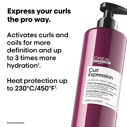 Image 1 - A LOréal Professional Curl Expression product bottle is shown, with text promoting its ability to activate curls and coils for more definition and hydration, and stating it offers heat protection up to 230°C/450°F.
Image 2 - Image shows a comparison of hair before and after treatment, featuring three pairs of images that display different curly hairstyles. Each Before section on the left shows unruly curls, while the After section on the right shows smoother, defined curls. Below the images is a collection of hair care products and the text Express your curls the pro way.
Image 3 - Image shows three hair care products from LOréals Curl Expression line, including a shampoo, a treatment, and a styling cream, with visible text indicating the routine steps: 01 Cleanse, 02 Treat, 03 Define.
Image 4 - A close-up of a dropper bottle filled with a vibrant pink liquid, featuring text that reads Urea H + Hibiscus Seed and Super hydrating actives.
Image 5 - Image shows a three-step guide on hair application techniques. The top section has the text How to apply like a Pro and the first step states Apply a small amount of product on hair using finger coils gesture. The second step describes On curls, apply on towel dried hair for a boost of extra definition before the cream in mousse. The third step notes On coils, apply on towel dried hair for a boost of extra definition before the long lasting intensive moisturizer.