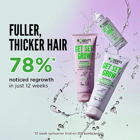 Image 1, fuller, thicker hair 78% noticed regrowth in just 12 weeks. 12 week consumer trial on 109 participants. image 2, fuller, thicker hair in just 12 weeks. week 1 vs week 12. 12 week consumer trial on 109 participants. image 3, 83% of users noticed that their scalp felt and looked healthier. after 6 weeks of a 12 week consumer study on 109 panellists sept-november 2023. image 4, leaping bunny approved. certified by the vegan society. B corp certified. plastic neutral.