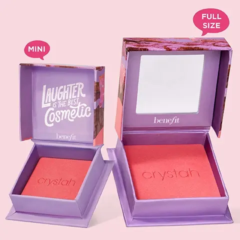 Image 1 - A side-by-side comparison of a purple cosmetic box with one side labeled MINI containing a red blush with the word crystah embossed, and another side labeled FULL SIZE featuring an empty space and the brand name benefit in a simplistic design, set against a pastel pink background.
Image 2 - An arrangement of various colored powders in shades of pink and brown, with labels displaying the following text: Silky-soft powder, Airbrushed & blurring effect, Blendable & buildable, Ultra-fine, Satins, shimmers & mattes, and Weightless.