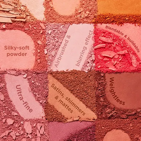 Image 1 - A collage of various textured powders in shades of pink and brown, with labels indicating their qualities: Silky-soft powder, Airbrushed & blurring effect, Blendable & buildable, Ultra-fine, Satins, shimmers & mattes, and Weightless.
Image 2 - A split image showing a womans face before and after treatment, with BEFORE on the left side and WILLA-FIED on the right side, highlighting changes in skin appearance and texture.