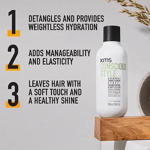 Image 1, how to use, 1 = detangles and provides weightless hydration, 2 = adds manageability and elasticity, 3 = leaves hair with a soft touch and healthy shine. Image 2, did you know? conscious style everyday conditioner is formulated with minimal yet high performing ingredients. Image 3, what's inside, moringa seed oil and oat oil.