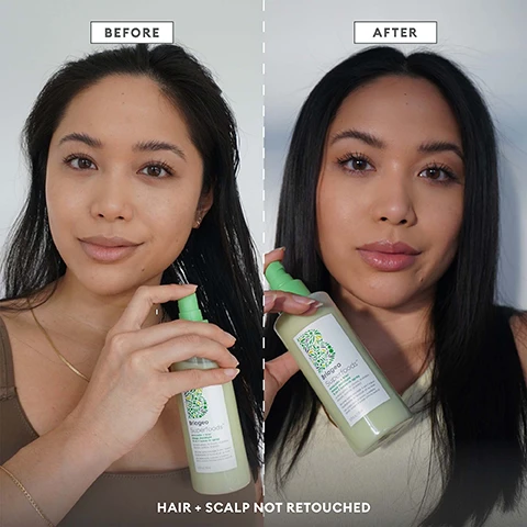 Image 1 - A woman holds a bottle of Briogeo Superfoods hair product in both images, with the left labeled BEFORE showing her with a natural look and on the right labeled AFTER showing her with styled hair; visible text includes HAIR + SCALP NOT RETOUCHED.
Image 2 - A spray bottle labeled Briogeo Superfoods is surrounded by sliced avocados, a kiwi, and sunflower seeds, with text highlighting mega moisture multi-tasker, detangle, hydrate + UV protect, and descriptions of the natural ingredients.
Image 3 - Image shows two hair care products from Briogeo, one yellow bottle labeled soft wave texture spray and the other green bottle labeled 3-in-1 leave-in-conditioner, displayed with slices of banana, avocado, coconut, and kiwi on a light background. Text visible: soft wave texture spray salt-free + alcohol-free 3-in-1 leave-in-conditioner detangle + hydrate UV protect.
Image 4 - Briogeo Superfoods collection featuring various bottles of hair care products alongside fresh fruits and vegetables including avocado, banana, coconut, and papaya, with visible text stating Briogeo Superfoods collection nourishes + hydrates hair with fruits, vegetables and vitamins.