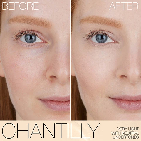 Image 1 - Split image showing a womans face with a BEFORE label on the left depicting her natural skin texture and a AFTER label on the right showing a smoother complexion; the text reads CHANTILLY and VERY LIGHT WITH NEUTRAL UNDERTONES.
Image 2 - The image shows three arms raised with swatches of various skin tones labeled beside them, including shades like Chantilly, Affogato, Crema Catalana, and Chestnut.
Image 3 - A grid of eight female faces demonstrating different foundation shades labeled as Chantilly, Affogato, Vanilla, Nougatine, Madeleine, Café au Lait, Crème Brûlée, and Café con Leche with corresponding descriptions of their undertones. Visible text includes shade names and undertone descriptions.
Image 4 - Image shows a womans face in three sections: the left side labeled BEFORE shows her natural skin tone with freckles, the middle section labeled APPLICATION shows a blended concealer on part of her cheek, and the right side labeled AFTER shows her skin looking smooth and even. Text at the bottom states the model is wearing Soft Matte Complete Concealer and Pure Radiant Tinted Moisturizer.
Image 5 - An overhead view of several circular containers filled with different shades of cream makeup arranged in a visually appealing manner, accompanied by text that reads COVETED COVERAGE 12-HOUR, CREASE-RESISTANT WEAR ERASES & CONCEALS WITH FULL COVERAGE SWEAT- & HUMIDITY-PROOF.
Image 6 - A close-up of a woman with a smooth complexion holding a round NARS makeup product against her cheek, with text that reads MATTIFIED, SATISFIED, 100% agree it conceals imperfections, 100% agree it layers lightly and is buildable with other makeup products, 97% agree it instantly smooths the surface of skin.
Image 7 - A round container of bronzed cream makeup with a black lid labeled NARS, surrounded by a flowing streak of the same color and accompanied by text that reads YOUR SKIN, RETOUCHED, SMOOTHS THE LOOK OF SKIN WITH SUPPORTIVE PEPTIDES AND HYALURONIC ACID, HELPS BLUR IMPERFECTIONS WITH OPTIMAL DIFFUSION POWDER.
Image 8 - Image shows a lineup of NARS cosmetics products including a primer, foundation, concealer, and powder, with the text THE ULTI-MATTE LINEUP, 1 SOFT MATTE PRIMER, 2 SOFT MATTE COMPLETE FOUNDATION, 3 SOFT MATTE COMPLETE CONCEALER, and 4 SOFT MATTE ADVANCED PERFECTING POWDER.