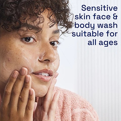 Image 1 - A young woman with curly hair is applying a facial cleanser to her cheeks while looking at the camera, surrounded by a light background, with text that says Sensitive skin face & body wash suitable for all ages.
Image 2 - A close-up image of a woman gently touching her face, smiling, with visible text that reads Clinically proven to remove dirt, make up and impurities gently.
Image 3 - A light blue creamy texture is shown with text describing key ingredients: Niacinamide to Restore, Panthenol Pro-Vitamin B5 to Soothe, and Glycerin to Hydrate, with Hydrates as it cleanses written above.
Image 4 - A hand holds a bottle of Cetaphil Gentle Skin Cleanser, which features a pump top and a label that says Dermatologist Recommended, Sensitive Skin, and lists the product as hypoallergenic, fragrance-free, soap free, and vegan.
Image 5 - Image shows three Cetaphil products arranged on a marble background, labeled with steps for a normal to dry sensitive skin routine: Step 1 CLEANS with a bottle of Gentle Skin Cleanser, Step 2 MOISTURISE with a bottle of Moisturising Lotion, and Step 3 PROTECT WITH SPF with a tube of sunscreen.
Image 6 - A person is dispensing Cetaphil Gentle Skin Cleanser from a pump bottle, with accompanying text that reads Gentle enough to be used with or without water.
Image 7 - A bottle of Cetaphil Gentle Skin Cleanser is displayed against a white tiled background, with visible text that reads Skin Sensitivity 5 Signs, Defends Against Dryness, Irritation, Roughness, Tightness, Weakened Skin Barrier.
Image 8 - Logo of Cetaphil with the text stating that it is the number one dermatologist recommended cleansing brand.