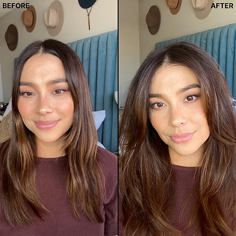 Image 1 - A split-screen comparison shows a woman with long, dark brown hair, with the left side showing her hair appearing flatter and the right side showing her hair with significantly increased volume, BEFORE AFTER. Image 2 - A white bottle of Color Wow Xtra Large Bombshell Volumizer 50 ml e 1.67 FL OZ is displayed with product benefits listed around it: Adds weightless volume, No alcohol, salt, or stiffening resins, Heat protectant, Non-drying, non-damaging, Proprietary polymer/bamboo blend thickens + adds body, and Fragrance-free, and the bottom banner reads The first non-damaging, non-drying volumizer.