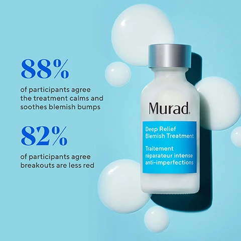 image 1, 88% of participants agree treatment calms and soothes blemish bumps. 82% of participants agree breakouts are less red. image 2, spot the difference. deep relief blemish treatment = targets deep, under the surface painful and swollen blemish bumps. rapid relief blemish spot treatment = targets surface breakouts, pimples and blemishes like blackheads and whiteheads. image 3, Fast-acting treatments that work. 01 Clarifying Cleanser Cleanse with Clarifying CLeanser. Rinse + pat dry. 02 Clarifying Toner Dispense Clarifying Toner onto a cotton pad + sweep over face + neck. 03 Deep Relief Blemish Treatment Dip a clean cotton swab into Deep Relief Blemish Treatment bottle, then apply directly to affected areas. Let product dry, do not rinse. 04 Oil & Pore Control Mattifier SPF 45 During the day, apply Oil & Pore Control Mattifier to face + neck. image 4, Before. After 2 weeks.