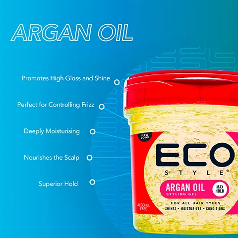 Image 1 - A jar of Eco Style Argan Oil Styling Gel against a blue background, labeled with the text ARGAN OIL and bullet points highlighting its benefits: promotes high gloss and shine, perfect for controlling frizz, deeply moisturizing, nourishes the scalp, and superior hold.