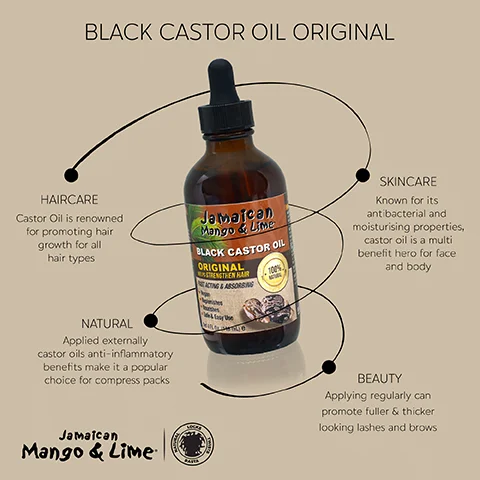 Image 1 - A bottle of Jamaican Mango & Lime Black Castor Oil is shown, labeled with its uses for hair care, skin care, and natural benefits, highlighting its antibacterial properties and effectiveness for beauty routines.