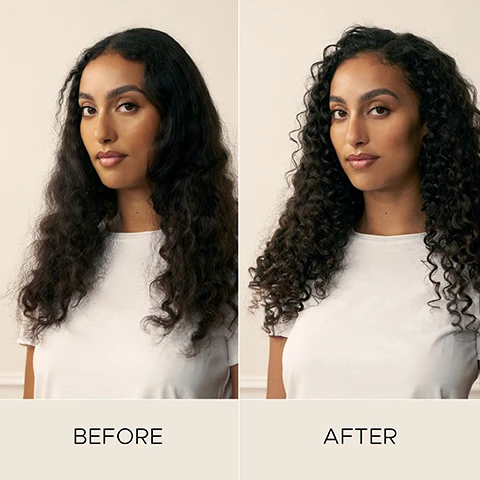 Image 1 - Split image showing a woman with dark hair, with the left side showing less defined waves and the right side showing more defined curls, labeled BEFORE and AFTER. Image 2 - A split image shows a woman with curly brown hair before and after, with the text BEFORE on the left and AFTER on the right.