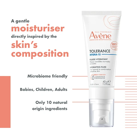 Image 1 - An image of a tube of Avene Tolerance Hydra-10 moisturizer featuring the text A gentle moisturiser directly inspired by the skins composition, Microbiome friendly, Babies, Children, Adults, and Only 10 natural origin ingredients.
Image 2 - A tube of Avène Tolerance Hydra-10 hydrating fluid with indications for 48-hour hydration, microbiome-friendly, 100% natural origin ingredients, and fragrance-free, along with a note stating After 7 days of use.
Image 3 - Three skincare products are displayed in a row, including a gentle cleanser labeled Tolerance Extremely Gentle Cleanser on the left, thermal spring water labeled Eau Thermale in the center, and a hydrating fluid labeled Tolerance Hydra-10 Hydrating Fluid on the right, with the numbers 1, 2, and 3 indicating a cleansing and hydrating routine.
Image 4 - A close-up image of a white cream being scooped with two bubbles of text stating Fragrance-free and Preservative-free, along with the phrase Refreshing and Light Texture.
Image 5 - A hand holds a cosmetic bottle with a cutaway view showing the inside mechanism, accompanied by the text sterile COSMETICS® and 0% PRESERVATIVE 0% FRAGRANCE.