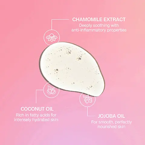 Image 1 - A creamy substance on a pink background with text labels for chamomile extract, coconut oil, and jojoba oil, describing their soothing, hydrating, and nourishing properties.
Image 2 - A person holds a bottle of Bali Body essentials shower oil against a gradient pink background; visible text includes Nourish & hydrate your skin in the shower, Provides intense hydration, Relieves skin conditions such as eczema & psoriasis, Enriched with coconut oil & chamomile.
Image 3 - A woman with curly hair in a black bikini applies a product from a white bottle while standing in a shower, accompanied by steps on how to use the product: STEP 1 Apply a generous amount to skin in the shower. STEP 2 Massage all over body, focusing on dry areas. STEP 3 Rinse off in shower, your skin will be left moisturised and glowing once dry. Perfect for daily use, for all skin types.