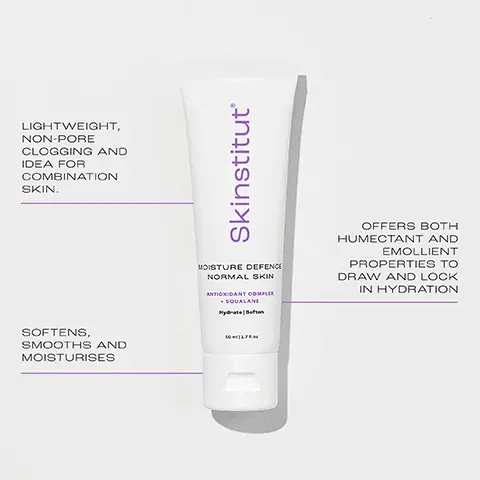 LIGHTWEIGHT, NON-PORE CLOGGING AND IDEA FOR COMBINATION SKIN. SOFTENS, SMOOTHS AND MOISTURISES. OFFERS BOTH HUMECTANT AND EMOLLIENT PROPERTIES TO DRAW AND LOCK IN HYDRATION. Ingredients. Squalene Acts as a superb emollient, penetrating the skin's natural lipids to replenish moisture and thoroughly hydrate the skin. Hyaluronic Acid A chemical ingredient that stimulates hydration by drawing and retaining moisture in the skin. Kakadu Plum Extract One of the richest sources of Vitamin C (a powerful antioxidant end free-radical scavenger). It's also naturally antibacterial and anti-inflammatory, MOISTURE DEFENCE NORMAL SKIN. SKINTEL does not contain SPF so can be a night cream too.