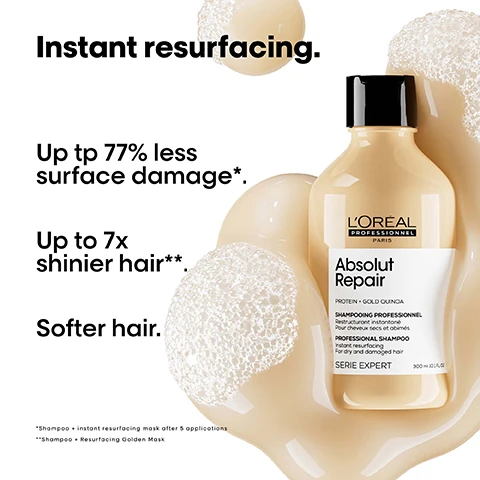 Image 1 - Image of a LOréal Professionnel Absolut Repair shampoo bottle on a light background with bubbles, featuring text that reads Instant resurfacing, Up to 77% less surface damage*, Up to 7x shinier hair**, Softer hair, followed by footnotes about product use.
Image 2 - A jar of Absolut Repair hair mask with a glossy texture spilling from it, accompanied by text stating Instant resurfacing, Up to 77% less surface damage*, Up to 7x shinier hair**, and Softer hair.
Image 3 - Image shows a woman with long blonde hair viewed from the back, split into two sections labeled Before and After, highlighting the change in hair texture; visible products on the right include LOréals Absolute Repair shampoo, conditioner, and serum, with the words Not retouched at the bottom.
Image 4 - Image shows three LOréal Professional hair care products: a shampoo bottle labeled Absolut Repair, a jar labeled Absolut Repair Mask, and a spray bottle labeled Absolut Repair Oil, with a background of a creamy substance, accompanied by text reading The daily anti-damage professional routine and the step indicators 01 Cleanse, 02 Repair, and 03 Restructure.
Image 5 - A golden liquid orb is shown on a black background with the text THE TECH Wheat protein Strengthens and restores and a smaller inset that reads On the surface Resurfaces and seals the cuticles maintaining hydration.