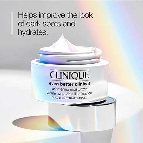 Image 1 - A close-up image of a jar of Clinique even better clinical brightening moisturizer with a lush cream visible inside, featuring the text that reads helps improve the look of dark spots and hydrates, CLINIQUE even better clinical brightening moisturizer crème hydratante illuminatrice CL302 BRIGHTENING COMPLEX.
Image 2 - An abstract background with soft curves and lines features the text hydrate and helps improve the look of dark spots.
Image 3 - An image featuring a transparent glass container in the foreground with a textured, light green background, displaying a list titled Free of with checkmarks next to the following items: fragrance, oil, sodium lauryl sulfate, sodium laureth sulfate, and drying alcohol.