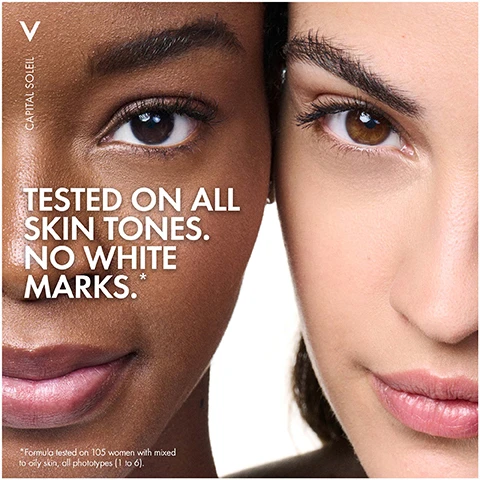 Image 1 - The image shows close-up portraits of two women with different skin tones, with visible text that reads TESTED ON ALL SKIN TONES. NO WHITE MARKS. followed by a footnote stating Formula tested on 105 women with mixed to dry skin, all phototypes (1 to 6).
Image 2 - An image split into two sections, one side shows bubbles and liquid with the text Salicylic Acid, while the other side features dark liquid swirls alongside the text Niacinamide, with the caption Combats Breakouts, Marks & Shine at the bottom.
Image 3 - A bottle of Vichy Capital Soleil UV-Clear sunscreen for oily and blemish-prone skin is displayed on a green background, with text highlighting its features: developed for oily and blemish-prone skin, ultra lightweight, non-comedogenic, non-sticky, and an SPF of 50+.
Image 4 - A person holds a bottle of Vichy Capital Soleil UV-Clear sunscreen with labels stating All Day Shine Control, Dermatologist Recommended, and Hypoallergenic.
