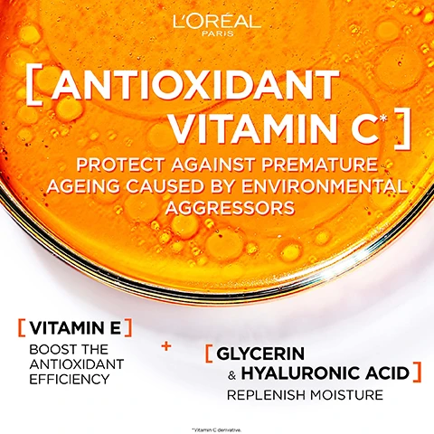 Image 1 - An orange liquid with bubbles, displaying the text LOreal Paris ANTIOXIDANT VITAMIN C* PROTECT AGAINST PREMATURE AGEING CAUSED BY ENVIRONMENTAL AGGRESSORS, along with VITAMIN E BOOST THE ANTIOXIDANT EFFICIENCY + GLYCERIN & HYALURONIC ACID REPLENISH MOISTURE and *Vitamin C derivative. Image 2 - Close-up of a woman applying cream to her cheek with text LOREAL PARIS PATENTED NETLOCKTM TECHNOLOGY ULTRA-LIGHT + NON OILY + NON STICKY DOES NOT CLOG PORES IMPROVES MAKEUP WEAR. Image 3 - LOreal Revitalift Clinical 12% Vitamin C serum and Anti-UV Fluid SPF 50+ are shown with text Correction Brighter Skin Less Visible Pores, Prevention Against Early Ageing, Pair With Serum For Up To 4X Brighter Skin*, and *Clinical Study, 45 Participants, 2022.