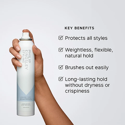 Image 1 - A hand holds a spray can labeled Philip Kingsley Styling Finishing Touch with text highlighting key benefits including protection for all styles, weightless flexible natural hold, brushes out easily, and long-lasting hold without dryness or crispiness.
Image 2 - A woman with long, straight hair styled in a ponytail is shown in profile, wearing a dark blazer, alongside a review praising a hairspray for providing hold without stickiness or buildup. CUSTOMER REVIEW.
Image 3 - A cylindrical spray bottle labeled PHILIP KINGSLEY STYLING contains product details on its side, listing key ingredients including copolymer, which provides structure and hold, and dimethicone, which smooths hair and is easily removed with shampoo.
Image 4 - A side-by-side comparison of a womans hair, showing a wavy hairstyle on the left labeled BEFORE and a sleek, straight ponytail on the right labeled AFTER.