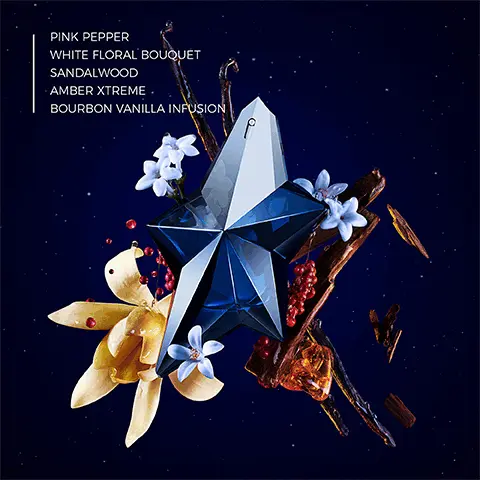Image 1, Pink pepper, white floral bouquet, sandalwood, amber extreme and bourbon vanilla infusion. Image 2, Mugler angel elixir. Image 3, Angel perfume range