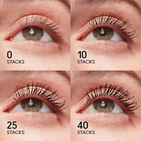 Image 1 to 3: model eye shots of 0 stacks, 10 stacks, 25 stacks and 40 stacks comparison visuals