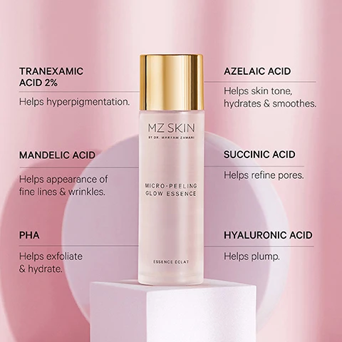 Image 1 - A pink bottle of MZ SKIN Micro-Peeling Glow Essence with a gold cap is presented on a pink platform, accompanied by text detailing its ingredients and benefits: MZ SKIN BY DR. MARYAM ZAMANI, MICRO-PEELING GLOW ESSENCE, ESSENCE ÉCLAT, TRANEXAMIC ACID 2% Helps hyperpigmentation, MANDELIC ACID Helps appearance of fine lines & wrinkles, PHA Helps exfoliate & hydrate, AZELAIC ACID Helps skin tone, hydrates & smoothes, SUCCINIC ACID Helps refine pores, HYALURONIC ACID Helps plump. Image 2 - A split image displays a persons dark skin on the cheek area, showing before and after results of hyperpigmentation treatment; the left panel shows hyperpigmentation and a prominent dark spot within a dashed white circle, while the right panel shows the dark spot significantly faded and overall clearer skin, with the visible text BEFORE AFTER 7.3% Improvement of hyperpigmentation* *Independent clinical study over 12 weeks. Image 3 - A hand pours pink liquid from an MZ SKIN BY DR. MARYAM ZAMANI MICRO-PEELING GLOW ESSENCE bottle into another hand, with prominent text that reads GET GLOWING SKIN, Skin appears radiant, Skin feels hydrated, and Wrinkles appear smoother.