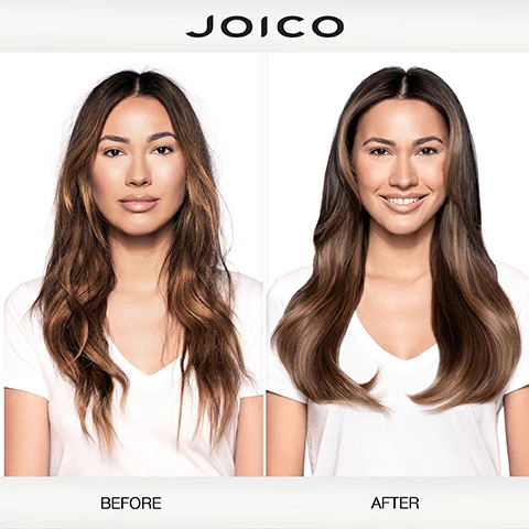 Image 2 - A split image showing a woman with dry hair before and smooth hair after treatment, with the text JOICO BEFORE AFTER. Image 3 - A bottle of Joico K-PAK Color Therapy Luster Lock Oil is displayed on a red platform with text reading LUSTER LOCK OIL for colored hair prone to damage Preserves over 85% of hair color* 2x more color vibrancy and 150% more shine** 2x stronger hair*** Joico K-PAK COLOR THERAPY LUSTER LOCK OIL color protection & high shine SmartRelease 65 ml / 2.19 fl oz *After 18 washes. **Vs. untreated hair. ***Against combing breakage on damaged hair vs. a non-conditioning shampoo. Image 4 - A bottle of Joico K-PAK Color Therapy Luster Lock Glossing Oil for color protection & shine, Huile lustrante protection de couleur et brillance, Aceite abrillantador para proteger el color y dar brillo, 63 ml / 2.13 fl oz, with a SmartRelease logo, is shown surrounded by visuals of ingredients including white powder, oil drops, and argan nuts with leaves, and text descriptions Keratin A protective protein that actively seeks out damage and helps repair hair, African Manketti Oil A rich source of vitamin E natures well-known environmental protection against fading, and Argan Oil A powerhouse oil that helps deeply hydrate and nourish hair. Image 5 - Image showing the Joico K-Pak Color Therapy Routine with five products arranged from left to right labeled STEP 1: SHAMPOO, STEP 2: CONDITION/TREAT, STEP 3: TREAT, STEP 4: STYLE, with the title K-PAK COLOR THERAPY ROUTINE at the top. Image 7 - Three Joico K-Pak Color Therapy haircare products are displayed on platforms, with text reading JOICO the joi of healthy hair and Repair colored hair to shine & feel like silk.