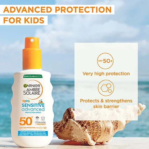 Image 1 - A bottle of Garnier Ambre Solaire Kids Sensitive Advanced Protection Spray SPF 50+ is shown on a beach with text ADVANCED PROTECTION FOR KIDS SPF 50+ Very high protection Protects & strengthens skin barrier. Image 2 - A woman gives a piggyback ride to a child wearing heart-shaped sunglasses and a straw hat on a sunny day with text overlay that says MULTIPLE RESISTANCE Sand, sweat & very water resistant followed by icons representing sand, sweat, and water resistance. Image 3 - Image shows a white creamy texture background with orange text ULTRA-LIGHT LOTION FOR SENSITIVE SKIN and dark grey text Hypoallergenic Fragrance-free Tested under dermatological control. Image 4 - A smiling child in a straw hat holds a sunscreen bottle on a beach with text that says Non-greasy Non-sticky FAST ABSORPTION. Image 5 - An image of a mother and child smiling on a beach with text HOW TO USE STEP 1. Apply product onto skin just before sun exposure STEP 2. Re-apply frequently and generously to maintain protection* *Especially after perspiring, swimming or toweling. Image 6 - A hand holds a white spray bottle with an orange pump with text ON/OFF PUMP NO PLASTIC LID SHAKE WELL APPLY BEFORE EXPOSURE RE-APPLY FREQUENTLY RECYCLABLE BOTTLE GARNIER AMBRE SOLAIRE. Image 7 - A woman and child sit on a beach looking at the sea and mountains, with text reading N°1 SUN PROTECTION FOR SENSITIVE SKIN IN EUROPE* Protects & strengthens skin barrier *Based on NielsenIQ RMS data, (Coverage: Belgium, Denmark, France, Germany, Greece, Hungary, Italy, Netherlands, Poland, Portugal, Spain, Sweden, Switzerland, Turkey, United Kingdom), 12-month period ending August 2024 Volume & Value. Sun Care for sensitive skin category (client-defined). Discover more on https://www.garnier.co.uk/terms/claims. Image 8 - Image shows a mist lotion and spray bottle of Garnier Ambre Solaire Kids Sensitive Advanced SPF 50 sunscreen on a stone surface with seashells and the ocean in the background Protects kids against UVB & UVA DISCOVER THE RANGE.