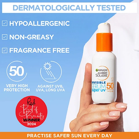 Image 1 - A person holding a bottle of Garnier Ambre Solaire Invisible Serum with a white lab coat in the background, featuring text that states dermatologically tested, hypoallergenic, non-greasy, fragrance free, 50 very high protection, against UVB, UVA, long UVA, and a badge reading Red Best of Beauty Winner 2024, along with the phrase practise safer sun every day.
Image 2 - A bottle of Garnier Ambre Solaire Invisible Serum super UV sunscreen is shown against a blue background with bubbles, featuring text that states Innovation, Invisible Serum super UV, Fight against external aggressions & skin pollution, Instant skin barrier protection, and Practise safer sun every day.
Image 3 - A close-up of a womans face showing her applying sunscreen to two fingers while looking directly at the camera, with visible text that reads HOW TO USE? APPLY THE EQUIVALENT OF 2 FINGERS EVERY DAY PRACTISE SAFER SUN EVERY DAY.
Image 4 - A young person with dark skin smiles while holding a bottle of sunscreen; the image includes text stating APPROVED BY REAL PEOPLE, followed by statistics: 97% LIKE HOW INVISIBLE IT IS ON SKIN*, 96% SAY IT IS VERY EASY TO INTEGRATE INTO THEIR SKINCARE ROUTINE*, and 94% LOVE THE SERUM TEXTURE*, with a note to PRACTISE SAFER SUN EVERY DAY.
Image 5 - A close-up image of clear gel bubbles on a light blue background with visible text reading 3%, Glycerin, Vitamin E, Hyaluronic Acid, and Practise Safer Sun Every Day.
Image 6 - A close-up image of two smiling individuals, one male and one female, with their faces touching, showcasing a cheerful expression; visible text reads TESTED ON 53 SKINTONES, NUDE SKIN FEEL - NO WHITE MARKS, PRACTISE SAFER SUN EVERY DAY.
Image 7 - Image shows two skincare products on a colorful background, with the left side labeled STEP 1 BRIGHTEN featuring Garnier SkinActive Vitamin C Brightening Serum and the right side labeled STEP 2 PROTECT featuring Garnier Ambre Solaire Invisible Serum Super UV SPF50+.
Image 8 - Three sun care products are arranged on a light surface: a white tube labeled Garnier Ambre Solaire Sensitive Advanced Serum SPF 50, a small bottle labeled Sensitive Advanced Body Serum for overexposed areas, and a spray bottle labeled Sensitive Advanced Spray with Ceramide Protect, with a backdrop of orange and a portion of a glass.