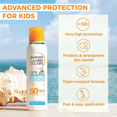 Image 1 - A bottle of Garnier Ambre Solaire Kids Sensitive Advanced Anti-Sand Protection Mist SPF 50+ is shown on a beach with a seashell, alongside text panels listing features including ADVANCED PROTECTION FOR KIDS RECYCLABLE CAN SHAKE WELL Cruelty Free International CERAMIDE PROTECT VERY HIGH PROTECTION UVB + UVA LONG UVA HYPOALLERGENIC INSTANT SKIN BARRIER PROTECTION NO ALCOHOL VERY WATER RESISTANT RESISTANT TO SAND & SWEAT SPF 50+ Very high protection Protects & strengthens skin barrier Triple-resistant formula Fast & easy application. Image 2 - A woman carries a child on her back outdoors with text that reads MULTIPLE RESISTANCE Sand, sweat & very water resistant. Image 3 - Blue background with water droplets and white text that says ULTRA-LIGHT MIST FOR SENSITIVE SKIN Hypoallergenic Fragrance-free Non-comodogenic Tested under pediatric control. Image 4 - A child on a beach holds a tube of Garnier Ambre Solaire sunscreen next to text that reads Non-greasy Non-sticky Quick Application. Image 5 - A mother and child sit smiling on a sandy beach with the ocean behind them HOW TO USE STEP 1. Apply product onto skin just before sun exposure STEP 2. Re-apply frequently and generously to maintain protection* *Especially after perspiring, swimming or toweling. Image 6 - A bottle of Garnier Ambre Solaire Kids Sensitive Advanced Anti-Sand Protection Mist sunscreen against a background of water and sand with text reading VERY WATER RESISTANT GARNIER AMBRE SOLAIRE NEW KIDS SENSITIVE advanced ANTI-SAND PROTECTION MIST SHAKE WELL SPF 50+ CERAMIDE PROTECT VERY HIGH PROTECTION UVB+UVA LONG UVA HYPOALLERGENIC INSTANT SKIN BARRIER PROTECTION NO ALCOHOL* - VERY WATER RESISTANT RESISTANT TO SAND & SWEAT Cruelty Free International SWEAT & SAND RESISTANT. Image 7 - Three Garnier Ambre Solaire Kids Sensitive Advanced sunscreen products including mist, lotion, and spray are displayed on a stone surface with seashells against an ocean background with text Protects kids against UVB & UVA DISCOVER THE RANGE.