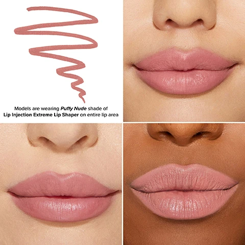 Image 1 - Image shows close-up views of three models lips wearing the Puffy Nude shade of Lip Injection Extreme Lip Shaper, with a wavy line of the lip color above and text stating Models are wearing Puffy Nude shade of Lip Injection Extreme Lip Shaper on entire lip area.
Image 2 - A lip product with a rounded tip is shown against a soft pink background, featuring the text that reads LINE, FILL & RESHAPE YOUR LIPS, followed by hearts and the phrases ALL DAY PLUMPING, ALL DAY WEAR! and NO SMUDGING, FEATHERING, OR BLEEDING.
Image 3 - A close-up image of a models lips showing a comparison between the left side labeled BEFORE with lighter, less defined lips and the right side labeled AFTER displaying fuller, more defined lips in a shade of lipstick called PUFFY NUDE.
Image 4 - Image shows a variety of lip colors on fair skin tones, labeled from top to bottom: Post-Op Pink (Dusty Rose), Puffy Nude (Light Pink Nude), Hot & Spicy (Caramel Nude), In Big Truffle (Chocolate Nude), Espresso Shot (Dark Chocolate Nude), I Do (Dusty Rose), Voted Most Popular (Hot Pink), and Happily Ever After (True Red).
Image 5 - Image shows eight lip shades arranged in a grid with titles above each pair; shades include Post-Op Pink, Puffy Nude, Hot & Spicy, In Big Truffle, Espresso Shot, I Do, Voted Most Popular, and Happily Ever After, with color descriptions below each shade.
Image 6 - A grid of eight images showing various lip colors with labels underneath each: Post-Op Pink Dusty Rose, Puffy Nude Light Pink Nude, Hot & Spicy Caramel Nude, In Big Truffle Chocolate Nude, Espresso Shot Dark Chocolate Nude, I Do Dusty Rose, Voted Most Popular Hot Pink, Happily Ever After True Red.
Image 7 - An infographic titled Level Up PLUMP displays various lip products from Too Faced categorized by levels, including descriptions: Level 1 - Lip Injection Extreme Lip Plumper, Level 2 - Lip Injection Extreme Plumping Clicks, Level 3 - Lip Injection Maximum Plump, Bonus Plump Effect - Lip Injection Ultimate Lip Shaper, and Bonus Color Effect - Lip Injection Liquid Lipstick, with visible text summarizing use and features for each product.