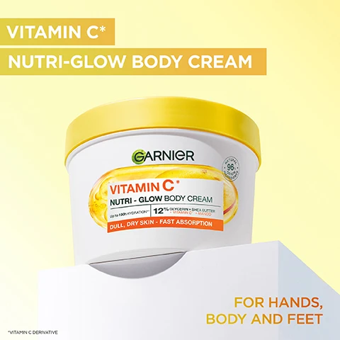 Image 1 - A white tub of Garnier body cream with a yellow lid is shown with text Vitamin C* Nutri-Glow Body Cream, Garnier, 96% Natural Origin Ingredients, Vitamin C* Nutri-Glow Body Cream, Up to 100h Hydration**, 12% Glycerin + Shea Butter + Vitamin C* + Mango, Dull, Dry Skin - Fast Absorption, For Hands, Body and Feet, and *Vitamin C Derivative. Image 2 - A before and after image shows skin hydration improving from the left to the right side, with text that reads BEFORE AFTER HYDRATES UP TO 10 CELL LAYERS DEEP* *up to 10 cell layers of the stratum corneum. Image 3 - A capsule containing mango and liquid is shown with text listing ingredients: Ingredients: Glycerin, Mango, Shea Butter, Vitamin C*, *Vitamin C Derivative. Image 4 - A white jar of Garnier Vitamin C Nutri-Glow Body Cream sits on a background of swirled cream with text Intense Moisture Boost Garnier Natural 96% Origin Ingredients Vitamin C* Nutri - Glow Body Cream Up to 100h HYDRATION** 12% GLYCERIN + SHEA BUTTER + VITAMIN C* + MANGO DULL, DRY SKIN - FAST ABSORPTION. Image 5 - A persons hands hold a Garnier Vitamin C* Nutri-Glow Body Cream tub with label text Vitamin C* Nutri - Glow Body Cream Up to 100h Hydration** 12% Glycerin + Shea Butter + Vitamin C* + Mango Dull, Dry Skin - Fast Absorption and background text Formulated For Dull, Dry Skin Fast Absorption Nutri-Glow Body Cream. Image 6 - The image shows four tubs of Garnier body cream and text that reads FOR EVERY KIND OF SKIN FORMULATED FOR NORMAL TO DRY SKIN HYALURON BARRIER PROTECT BODY CREAM Up to 100h HYDRATION 10% GLYCERIN + SHEA BUTTER + HYALURONIC ACID + ALOE VERA NORMAL TO DRY SKIN - FAST ABSORPTION FORMULATED FOR DULL, DRY SKIN VITAMIN C* NUTRI - GLOW BODY CREAM Up to 100h HYDRATION** 12% GLYCERIN + SHEA BUTTER + VITAMIN C + MANGO DULL, DRY SKIN - FAST ABSORPTION FORMULATED FOR DRY TO VERY DRY SKIN VITAMIN E MOISTURISING BODY CREAM Up to 100h HYDRATION* 12% GLYCERIN + SHEA BUTTER + VITAMIN E + AVOCADO DRY TO VERY DRY SKIN - FAST ABSORPTION FORMULATED FOR EXTRA DRY SKIN CERAMIDE NOURISHING BODY BUTTER Up to 100h HYDRATION* 10% GLYCERIN + SHEA BUTTER + COCOA + CERAMIDE EXTRA DRY SKIN - FAST ABSORPTION and Natural 96% Origin Ingredients. Image 7 - An orange arrow curves from an older white and orange tub of Garnier Vitamin C Nutri-Glow Body Cream to a newer white and orange tub of Garnier Vitamin C Body Superfood 48h Nutri-Glow Cream, with the text NEW PACK. SAME GREAT RESULTS above.