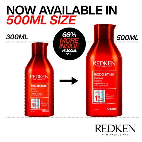 image 1, now available in 500ml size. 300ml vs 500ml. 66% more inside vs 300ml size. image 2, frizz protection without the weight. for all hair types. all day humidity protection. when used as a system of frizz dismiss shampoo, conditioner and rebel tame. image 3, frizz protection without the weight. moisturises and detangles. all day humidity protection when used as a system of frizz dismiss shampoo, conditioner and rebel tame.