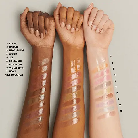 Image 1, Clear, hazard, heat sensor,amped,jet,like squirt, lower cut, voilet cut, nova and simulation. Image 2, Clear, hazard, heat sensor,amped,jet,like squirt, lower cut, voilet cut, nova and simulation. Image 3-12, before and after model shots of each swatch shade