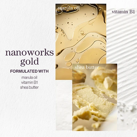 Image 1 - Image shows a product label with sections featuring marula oil, vitamin B1, and shea butter, along with the text nanoworks gold and formulated with under each ingredient.
Image 2 - A five-star customer review with the text: Amazing I have tried many over the years and nothing compares to this! It leaves my dehydrated hair feeling silky smooth, labeled as LOOKFANTASTIC VERIFIED CUSTOMER REVIEW, alongside images of hair strands with water droplets.
Image 3 - An image with a soft-focus background of bubbles shows the text pro favourite followed by a quote about a luxurious hair formula and the name Neil Moodie, Pureology UKI Ambassador.
Image 4 - Image features three close-up photos of fruits and flowers with a textured background; the top left image shows a dewy pear, the top right shows vanilla pods, and the bottom image displays a yellow ylang ylang flower, with the text nanoworks gold LONG DAYS, COOL NIGHTS WITH NOTES OF dewy pear, ylang ylang, vanilla.
Image 5 - Image showing three key product features with icons: vegan formulas sulfate-free for a gentle cleanse, recycled bottles made from post-consumer recycled materials, and up to 300+ washes in one bottle with a note on concentrated formulas needing less water.
