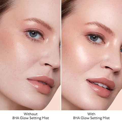 Image 1 - A split image shows a womans face, with the left side appearing matte and labeled Without 8HA Glow Setting Mist, and the right side featuring a radiant glow on her skin and labeled With 8HA Glow Setting Mist. Image 2 - A close-up split image shows a womans face, with the left side depicting her skin labeled Without 8HA Glow Setting Mist, and the right side showing her skin with a luminous, dewy finish labeled With 8HA Glow Setting Mist. Image 3 - A hand sprays a purple bottle of By Terry Hyaluronic Glow Setting Mist, with visible text on the bottle that reads BY TERRY HYALURONIC GLOW SETTING MIST, 8x HYALURONIC ACID TYPES EXCLUSIVE TECHNOLOGY, PRIME - FIX - GLOW ULTRA-CARE SPRAY, UP TO 16 HRS, SPRAY ULTRA SOIN PRÉPARATEUR ÉCLAT FIXATEUR MAQUILLAGE, while prominent text in the background highlights UP TO 16 HRS OF MAKEUP WEAR, UP TO 8 HRS OF HYDRATION, +103% IMMEDIATE HYDRATION, and *Instrumental test on 10 volunteers. Image 4 - An illustration of a skin block with various pink and purple droplets shows 8x HYALURONIC ACID TYPES EXCLUSIVE TECHNOLOGY penetrating EPIDERMIS LAYERS, with x2 HIGH HA MOLECULAR WEIGHT For Immediate Hydration, x2 MEDIUM HA MOLECULAR WEIGHT Fills, Plumps and Smooths, and x4 LOW HA MOLECULAR WEIGHT For Long-Lasting Hydration. Image 5 - A purple By Terry Hyaluronic Glow Setting Mist bottle is shown next to text listing its Key Ingredients: HYDRATES DEEPLY 1% 8x Hyaluronic Acid Types, PROTECTS & FIGHTS AGAINST AGING 2% Camellia Japonica Flower Extract, BALANCES & STRENGTHENS SKIN 1% Freshbiome, while the bottle itself reads BY TERRY HYALURONIC GLOW SETTING MIST 8x HYALURONIC ACID TYPES EXCLUSIVE TECHNOLOGY PRIME - FIX - GLOW ULTRA CARE SPRAY UP TO 16 HRS SPRAY ULTRA SOIN PRÉPARATEUR ÉCLAT FIXATEUR MAQUILLAGE. Image 6 - A purple By Terry Hyaluronic Glow Setting Mist spray bottle with silver cap is centered, displaying text BY TERRY HYALURONIC GLOW SETTING MIST 8X HYALURONIC ACID TYPES EXCLUSIVE TECHNOLOGY PRIME - FIX - GLOW ULTRA CARE SPRAY UP TO 16 HRS SPRAY ULTRA SOIN PRÉPARATEUR ÉCLAT FIXATEUR MAQUILLAGE, surrounded by lines pointing to its benefits: PRIME & SET MAKEUP, REFRESHES SKIN, ALCOHOL-FREE, 16H WEAR, EVENS SKIN TONE, 8H HYDRATION, and DEWY FINISH. Image 7 - A purple By Terry Hyaluronic Glow Setting Mist spray bottle with a silver and clear top is displayed, with its label reading BY TERRY HYALURONIC GLOW SETTING MIST, 8x HYALURONIC ACID TYPES EXCLUSIVE TECHNOLOGY, PRIME - FIX - GLOW ULTRA CARE SPRAY, UP TO 16 HRS, SPRAY ULTRA SOIN PRÉPARATEUR ÉCLAT FIXATEUR MAQUILLAGE, alongside text indicating 94% agree skin looks more even and PORES APPEAR TIGHTER*, 88% agree makeup is SET AND CREASEPROOF*, 82% agree the product is TRANSFER-PROOF*, and a footnote *Instrumental test on 10 volunteers. Image 8 - The image displays four By Terry Hyaluronic skincare products, including an eye serum tube, a global serum dropper bottle, a face cream jar, and a glow setting mist spray bottle, alongside text describing the Hyaluronic Skincare Ritual: STEP 1 Hyaluronic Global Serum, STEP 2 Hyaluronic Global Face Cream, STEP 3 Hyaluronic Global Eye Serum, STEP 4 Hyaluronic Glow Setting Mist. Image 9 - A professional infographic outlines five steps for achieving flawless skin with skincare-infused makeup, featuring various By Terry Hyaluronic products for each numbered step, and includes the text Flawless Skin with Skincare-Infused Makeup, 1 Hyaluronic Skincare Treat, 2 Hyaluronic Hydra-Primer Prime, 3 Hyaluronic Hydra-Concealer & Hyaluronic Hydra-Foundation Perfect, 4 Hyaluronic Hydra-Powder Set & Mattify, 5 Hyaluronic Glow Setting Mist Fix + Glow.