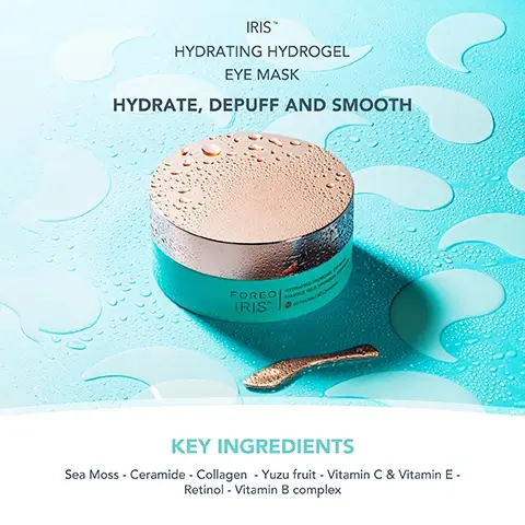 Image 1, hydrating hydrofel eye mask. hydrate, depuff and smooth. key ingredients = sea moss, ceramide, collagen, yuzu fruit, vitamin c and vitamin e, retinol, vitamin b complex. image 2, detoxifying sea moss. protecting ceramide. antioxidant and brightening yuzu fruit, vitamin c and vitamin e. strengthening collagen. brightening retinol. image 3, before and after. image 4, dermatologist tested. suitable for all skin types. vegan. 96% natural origin ingredients.