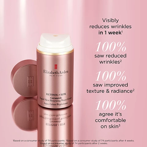 Image 1, visibly reduces wrinkles in 1 week. 100% saw reduced wrinkles, 100% saw improved texture and radiance. 100% agree it's comfortable on skin. based on a consumer study of 74 participants. based on a consumer study of 74 participants after 4 weeks. based on a consumer study of 74 participants after 2 weeks. Image 2, lightweight, moisturising cream, non comedogenic. Image 3, retinol strength graph. HPR = strongest and gentle. retinol esters = weakest and gentle. pure retinol = weak and mild. retinal = strong and mildly irritating. retinoic acid = strongest and most irritating