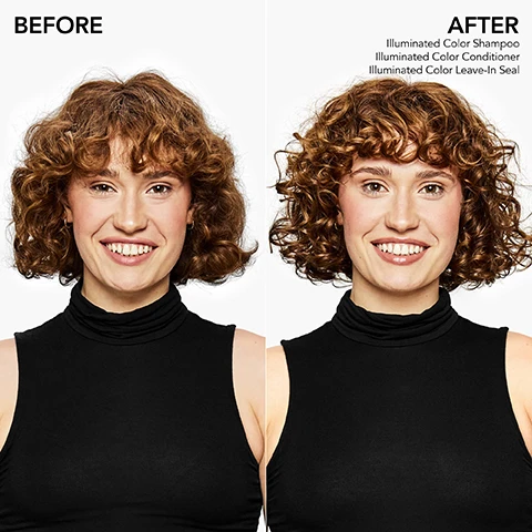 Image 1 - Image shows a side-by-side comparison of a woman with curly hair; the left side labeled BEFORE shows her with a less defined hairstyle, and the right side labeled AFTER shows her with more defined curls, featuring the text Illuminated Color Shampoo, Illuminated Color Conditioner, and Illuminated Color Leave-In Seal.
Image 2 - Image shows two tubes of Bumble and bumble Illuminated Color Leave-In Seal, labeled Light and Rich, with a bold text stating 12 weeks of color fade fighting power.
Image 3 - An infographic explaining how illuminated color works, featuring three sections: 1) Pro Colorshield Technology with an illustration of hair strands and text explaining protective polymers, conditioning agents, and Vitamin E; 2) Kukui Seed Oil with an illustration of a nut and text describing its moisturizing properties; 3) Balances Hairs pH with an illustration of a pH scale and text about sealing the cuticle to protect color vibrancy.
Image 4 - Image shows two tubes of Bumble and bumble Leave-In Seal hair products labeled Light and Rich with various icons representing their benefits, such as adds shine, color vibrancy, heat protection, hydrates, reduces frizz, prevents split ends, oil-infused, vegan, and smoothes, along with the text that reads boosts vibrance and protects from fading with PRO ColorShield for fine to medium hair types and for medium to thick hair types.
Image 5 - Image shows a selection of five Bumble and Bumble hair products arranged in a line, alongside colorful gradient background with the text ORDER OF USE and numbered steps for application: 01 SHAMPOO, 02 CONDITIONER, 03 1-MINUTE VIBRANCY TREATMENT, 04 LEAVE-IN SEAL LIGHT/RICH, 05 Bb. PRIMER OR STYLER.