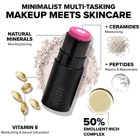 Image 1 - An image of a black and pink stick of makeup against a light gray background, with text that reads MINIMALIST MULTI-TASKING MAKEUP MEETS SKINCARE at the top and ingredients listed such as NATURAL MINERALS, + CERAMIDES, + PEPTIDES, VITAMIN E, and 50% EMOLLIENT-RICH COMPLEX.
Image 2 - Five blush products are displayed, with descriptions of their shades and features, including Nudies Matte Blush in Sunkissed Pink, Nudies Bloom in Cherry Blossom Babe, Nudies Matte Lux in Juicy Melons, Nudies Matte + Glow Core in Pink Ice, and Nudiescreen Blush Tint SPF 30 in Pink Sunrise.
Image 3 - Three hands are shown displaying swatches of lip colors on their wrists, with colors labeled as Magenta Magic, Pink Ice, and Sunset Gold.
Image 4 - Three matte and glow blush sticks are displayed, with the shades Magenta Magic, Pink Ice, and Sunset Gold shown alongside swatches of each color, and text reads NUDESTIX MATTE + GLOW CORE All Over Face Blush Color. Image 5- nudies matte and glow core. all over face blush.