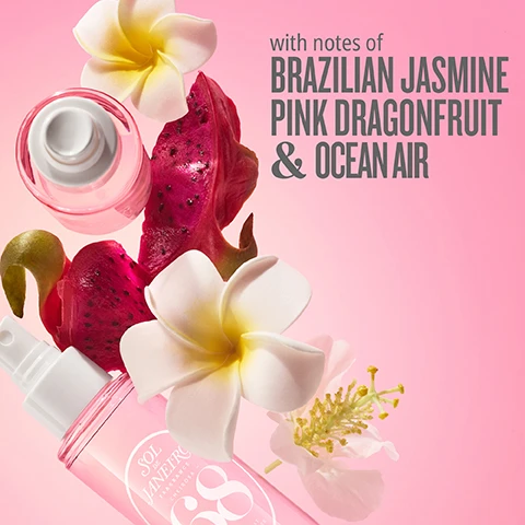Image 2 - A vibrant image shows two pink fragrance mist bottles, cut pieces of pink dragonfruit with black seeds and green skin, and white-yellow frangipani flowers scattered on a pink background, with visible text reading SOL DE JANEIRO FRAGRANCE CHEIROSA 68 BRAZILIAN JASMINE & PINK DRAGONFRUIT PERFUME MIST and with notes of BRAZILIAN JASMINE PINK DRAGONFRUIT & OCEAN AIR. Image 5 - Four transparent cosmetic bags, colored yellow, blue, red, and pink, are arranged diagonally, each filled with Sol de Janeiro travel-sized products and bearing the text SOL DE JANEIRO JET SET, with additional text in the image reading BEIJA FLOR™ JET SET collagen boosting, BOM DIA BRIGHT™ JET SET visibly brightens, DELÍCIA DRENCH™ JET SET replenishes skins barrier, and BUM BUM JET SET visibly tightens.