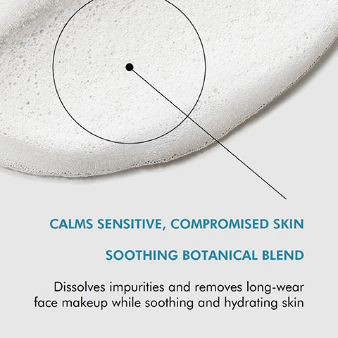 Image 1 - A close-up of a foamy cleanser with text that reads, CALMS SENSITIVE, COMPROMISED SKIN SOOTHING BOTANICAL BLEND Dissolves impurities and removes long-wear face makeup while soothing and hydrating skin.
Image 2 - A smooth, foamy white substance is spread across a light background with the word TEXTURE displayed on the left.