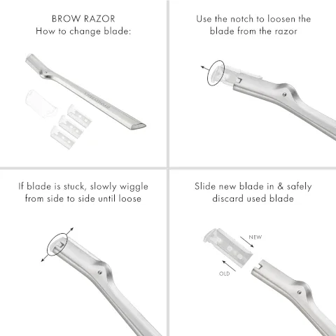 brow razor how to change the blade. 1 = use the notch to loosen the blade from the razor. if blade is stuck, slowly wiggle from side to side until loose. slide new blade in and safely discard used blade.