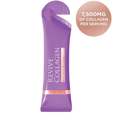 Image 1 - A purple collagen sachet with an easy-open tab and a circular label next to it reads: Revive Collagen Menopause Beauty Sleep. 7,500MG OF COLLAGEN PER SERVING. Image 2 - A purple and white graphic displays a purple Revive Collagen sachet next to spilled orange liquid and a small droplet, with text on the left detailing product information that reads: REVIVE COLLAGEN MENOPAUSE BEAUTY SLEEP, Revive Collagen Menopause Range - A world first! Packed with 7,500mg of Type 1 Marine Collagen, Sleep DailyZzz™ - Clinically proven to help improve sleep quality. Biotin - Helps to stimulate keratin production & promotes healthy hair. Chicory Root - Source of inulin (prebiotic). High in fibre which is great for gut health. Retinol - Boosts collagen production & skin renewal for a radiant complexion. Selenium - Preserves tissue elasticity & youth appearance of the skin. Helps reduce hot flushes! Zinc - Helps relieve vaginal dryness. Folic Acid - Helps to reduce hot flushes! 50% Vitamin B6 & B12 - Helps reduce tiredness & fatigue. 50% Vitamin C & D - Powerful antioxidant that helps aid in collagen production & works to brighten the skin. Great-tasting Apple & Blaccurrant flavour. Image 3 - A purple sachet labeled Revive Collagen Premium Liquid is on the left, shown as x1 Revive Collagen Sachet with 90% to 95% Absorption Rate, which equals a pile of white oval tablets on the right, shown as x20 Collagen Tablet with 30% to 40% Absorption Rate. Image 4 - An infographic titled How Collagen Impacts Our Skin During Menopause shows a graph illustrating COLLAGEN LEVELS IN THE BODY (%) decreasing from about 80% at AGE 30 to 20% at AGE 60, accompanied by the statement We lose an extra 30% of our collagen during the first five years of menopause, followed by three skin cross-section diagrams titled OUR SKIN AS WE AGE, depicting EPIDERMIS, DERMIS, and SUBCUTANEOUS FAT at 35 YEARS, 45 YEARS, and 55 YEARS, where the latter two show WRINKLES and a visible decline of HYALURONIC ACID, COLLAGEN, and ELASTIN. Image 5 - A purple sachet of Revive Collagen Menopause Beauty Sleep is shown with a golden liquid spill and a gold award badge that reads The Beauty Awards London 2023 Gold Winner.