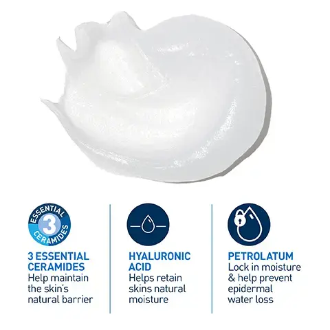 Image 1, GRAMIDE 3 ESSENTIAL CERAMIDES Help maintain the skin's natural barrier HYALURONIC ACID Helps retain skins natural moisture PETROLATUM Lock in moisture & help prevent epidermal water loss Image 2, SUITABLE FOR DRY, VERY DRY AND ROUGH SKIN Non-comedogenic Fragrance-free Alcohol-free Hypoallergenic CeraVe Advanced Repair Dintment Permade Réparatrice Intensive Image 3, SOOTHING FORMULA IMMEDIATELY PROTECTS THE FACE, HANDS, FEET, ELBOWS AND LIPS Image 4, CeraVe SUITABLE FOR BABIES EVEN NEWBORNS FROM 1ST MONTH.