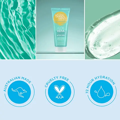 Australian made. Cruelty free. 72 hour hydration. Aloe vera. Vitamin e. Step 1, apply liberally and evenly as often as required. Step 2, Reapply after periods of sun exposure for instant cooling relief.