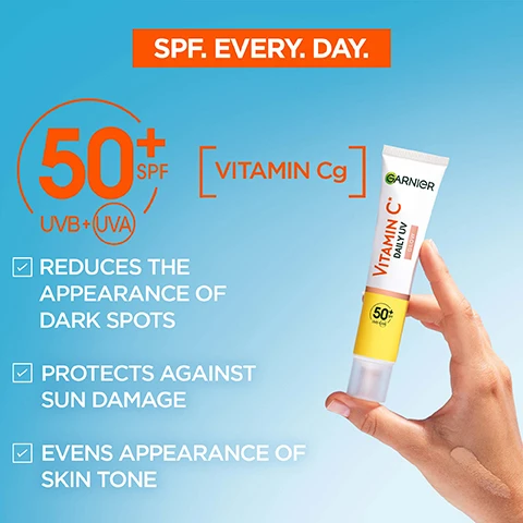 Image 1 - A person holding a tube of Garnier Vitamin C Daily UV cream with a blue background, featuring text that reads SPF. EVERY. DAY., 50+ SPF UVB+UVA, and benefits including reduces the appearance of dark spots, protects against sun damage, and evens appearance of skin tone.
Image 2 - Image shows swatches of different skin tones featuring a product labeled Glowy Sheer Tint for even, radiant & protected skin, with various shades displayed in three rows.
Image 3 - A tube of Garnier Vitamin C Daily UV Glow sunscreen is surrounded by two swatches of cream on a bright yellow background, with checkmarks next to the features: very high protection against UVA, UVB, long UVA, non-oily, non-comedogenic, lightweight formula, and glowy sheer tint, along with the SPF 50+ label.
Image 4 - A hand holding a tube of Garnier Vitamin C Daily UV sunscreen is dispensing product onto another hand, with the text HOW TO APPLY? and TWO FINGER RULE FOR WHOLE FACE & NECK displayed prominently.
Image 5 - Image shows three different sunscreen products from Garnier with labels reading Sheer Glow, Invisible, and Matte, each accompanied by descriptions including suitable for all skin tones, invisible and lightweight formula, and invisible and mattifying, along with UV protection information.
Image 6 - A person with short blonde hair smiles, with the text CONSUMERS AGREE HAS A LIGHTWEIGHT TEXTURE & LETS SKIN BREATHE SKIN FEELS PROTECTED SKIN DOES NOT FEEL STICKY SKIN TONE LOOKS MORE EVEN over a light blue background.