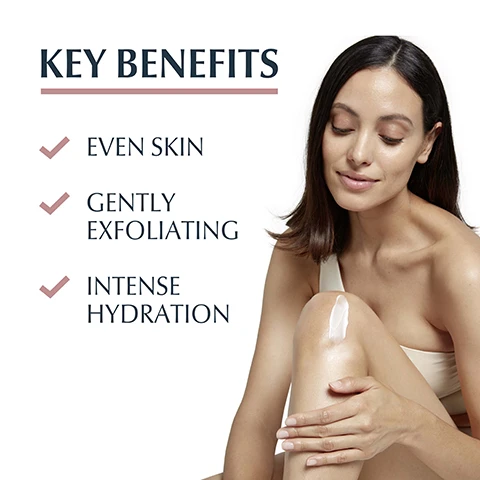 Image 1 - A woman with long dark hair applies cream to her knee while smiling, with text beside her listing key benefits: even skin, gently exfoliating, intense hydration.
Image 2 - A person holding a tube of Eucerin Anti-Pigment Targeted Areas Body Cream, with text on the image indicating it has a light texture, is non-greasy, and is designed for body use.
Image 3 - A smooth, white cream or serum is shown with labeled ingredients around it, including Hyaluronic Acid, Thiamidol, Lactic Acid, and Dexpanthenol, with a hexagon symbol labeled Patented Thiamidol.
Image 4 - An image featuring a light pink background with bubbles and text that states CLINICALLY PROVEN RESULTS 98% CONFIRM: FADES DARK AREAS, along with a note about clinical study agreement score, self-assessment, 40 subjects, and 12 weeks of use.
Image 5 - Image shows three Eucerin skincare products: a dual serum, a day cream with SPF 30, and a night cream, all labeled with Eucerin, ANTI-PIGMENT, and their respective names, along with the text DISCOVER MORE above.